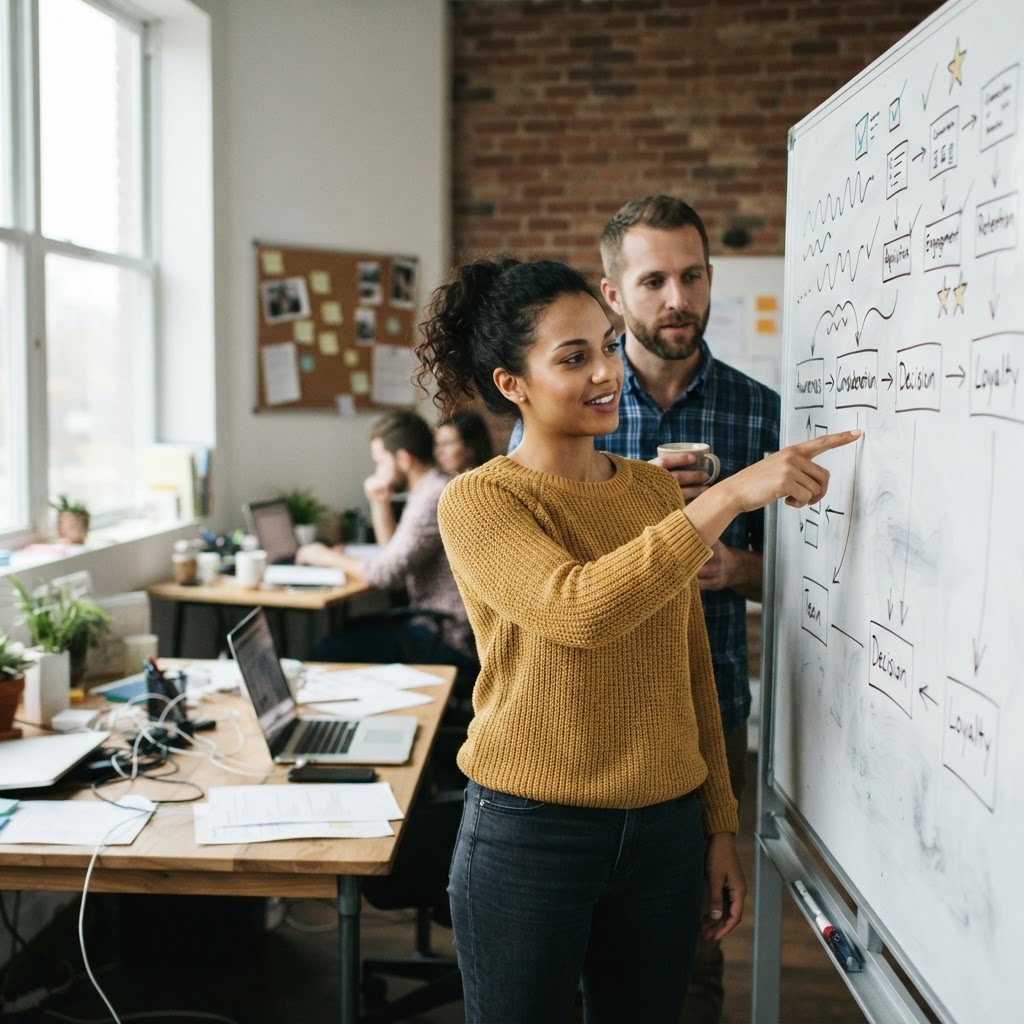 A small marketing team reviewing a customer journey and measurement checkpoints