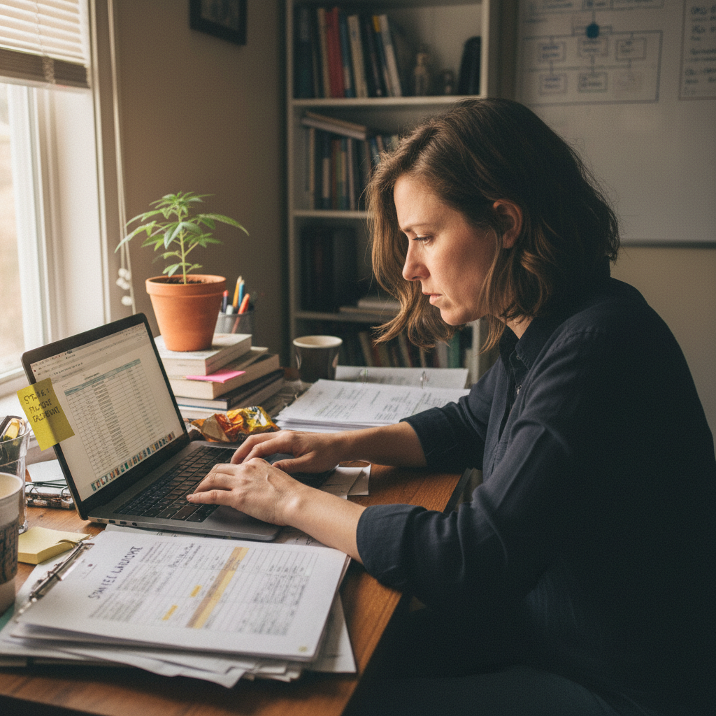 Dispensary manager on phone reviewing compliance documentation while sitting at desk with multiple monitors showing analytics dashboards, natural afternoon light, candid documentary style