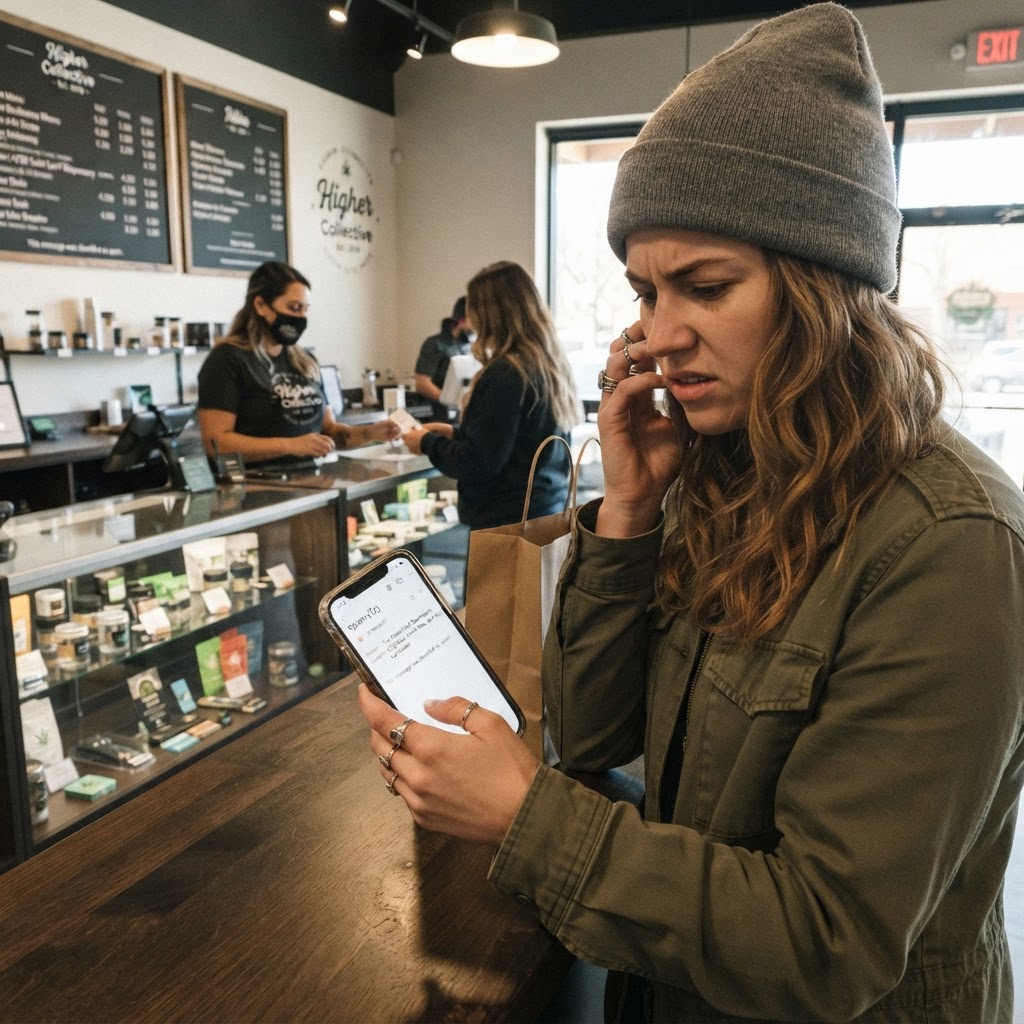 Customer checking phone at dispensary, seeing promotional email in spam