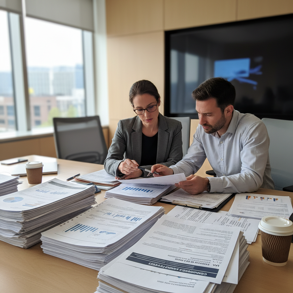 Two compliance officers reviewing audit documents at conference table